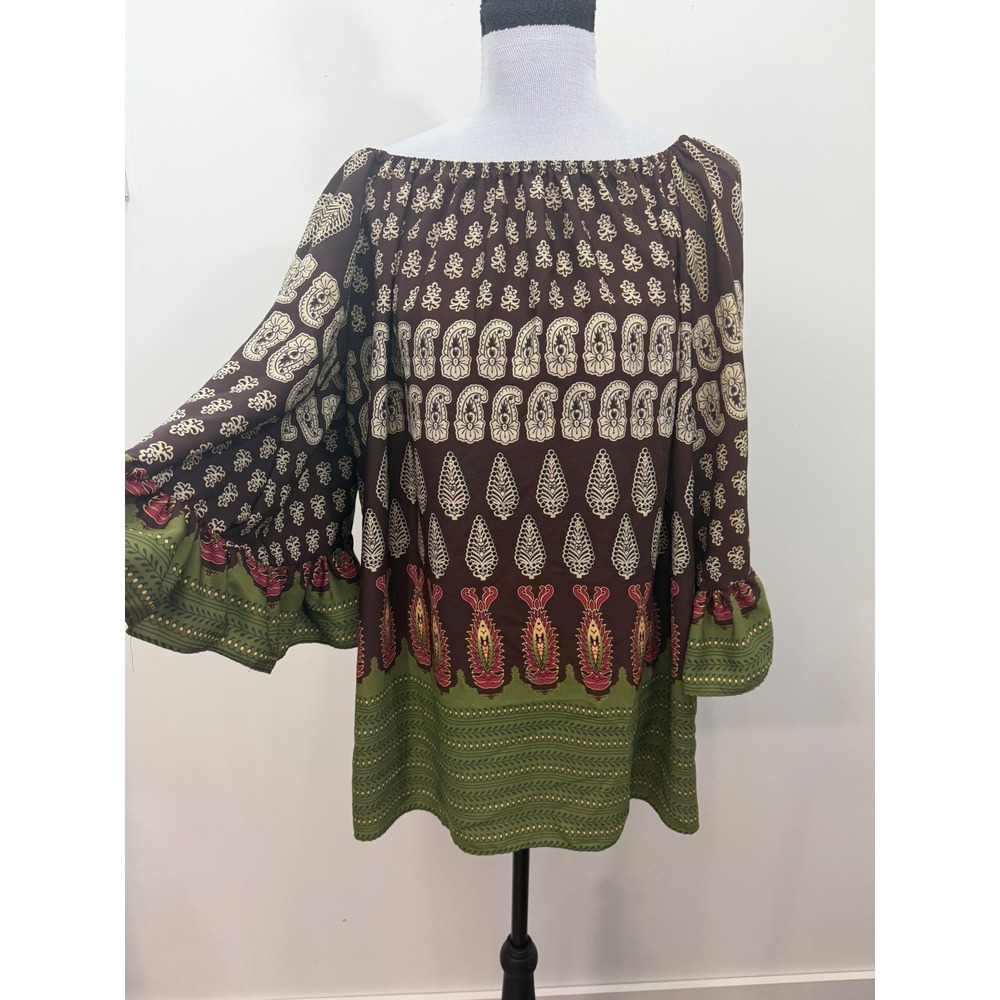 Emma Rose Womens Off Shoulder Paisley Bell Sleeve Boho Peasant Top Brown Green